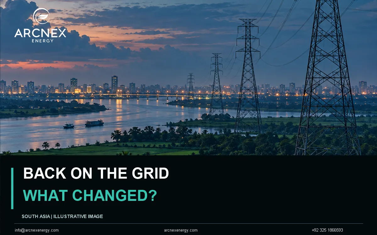Illustrative riverside transmission towers near a South Asian city at dusk; not a photograph of a named line or plant