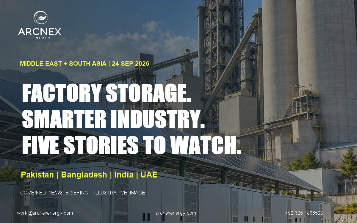 Illustrative industrial scene with cement plant, rooftop solar and battery enclosures; not a photograph of a named facility