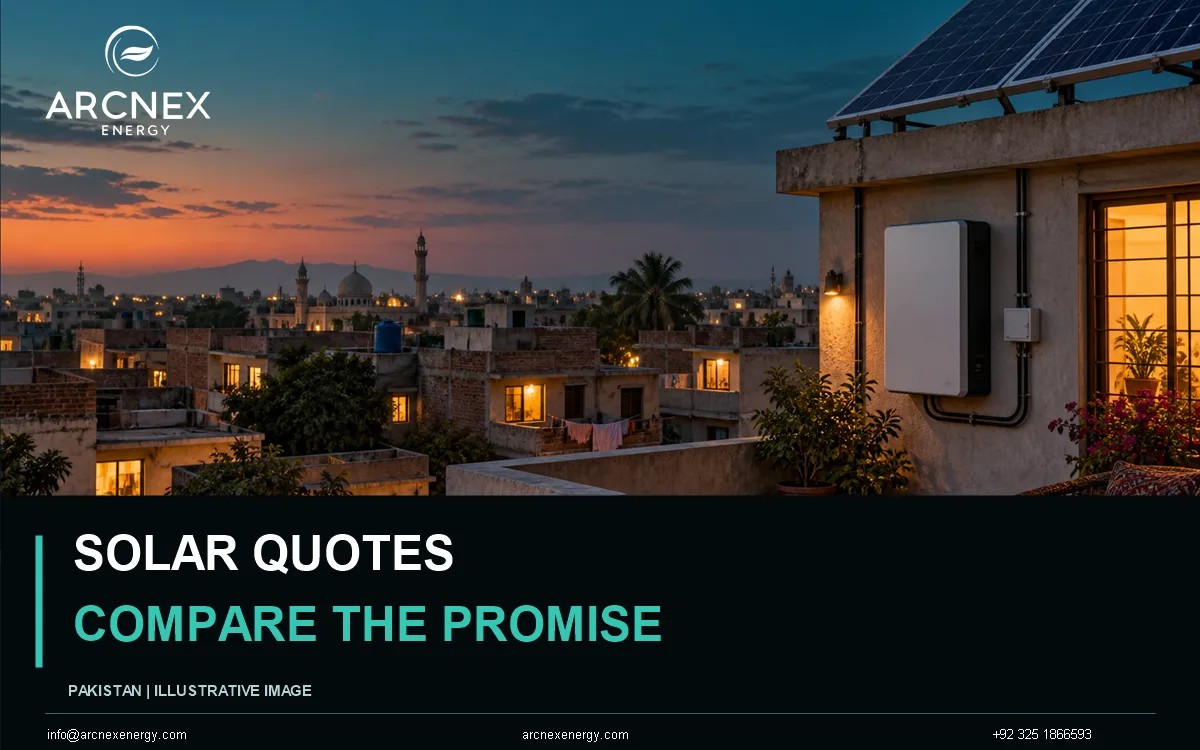 Illustrative Pakistani rooftop at dusk with panels and a wall-mounted inverter; not a documented installation