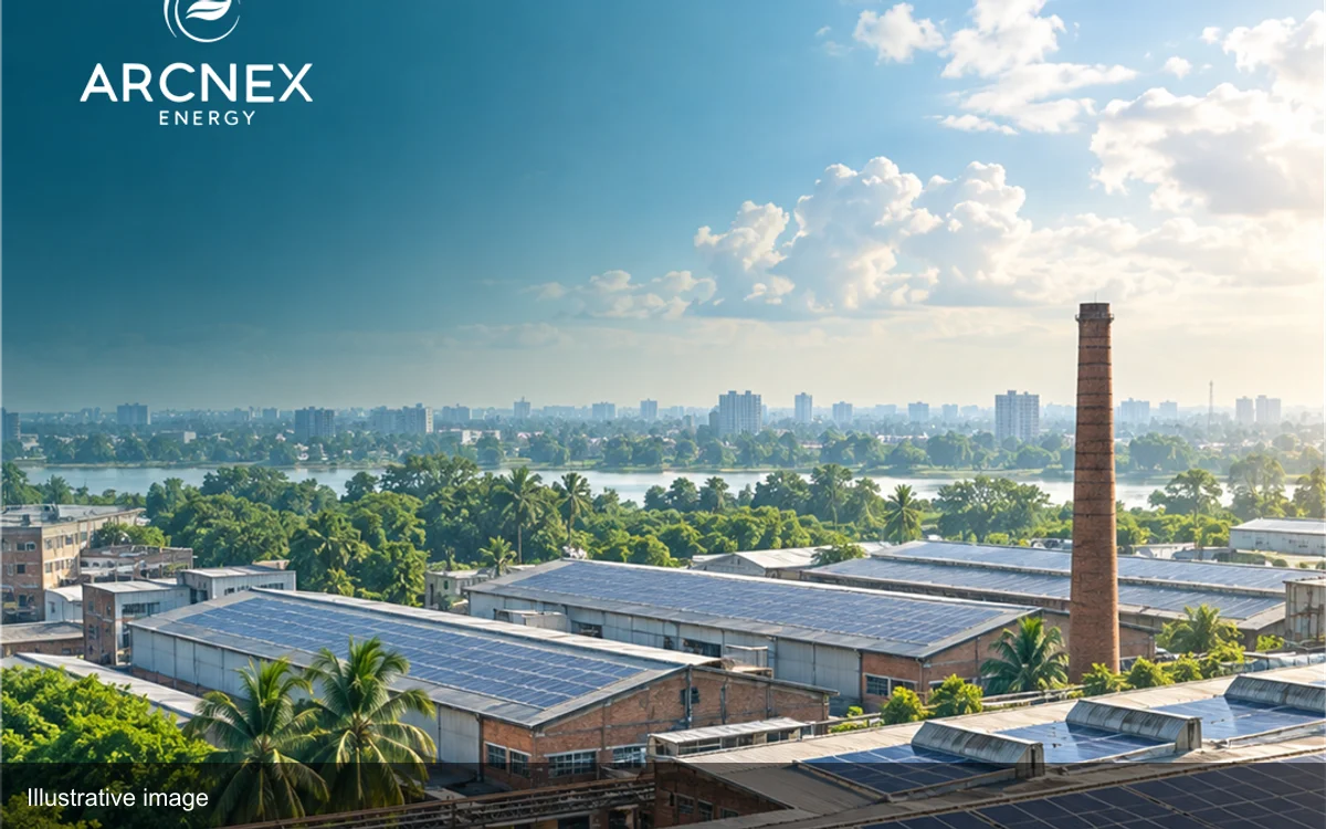 Illustrative solar panels on industrial rooftops in a Bangladesh-inspired setting; not a commissioned project photograph