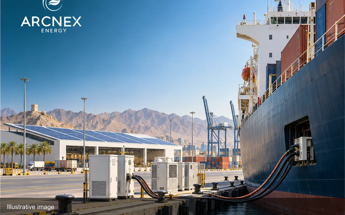 Illustrative port with a ship, shore-power equipment and a solar-roofed logistics building; not a named Omani port