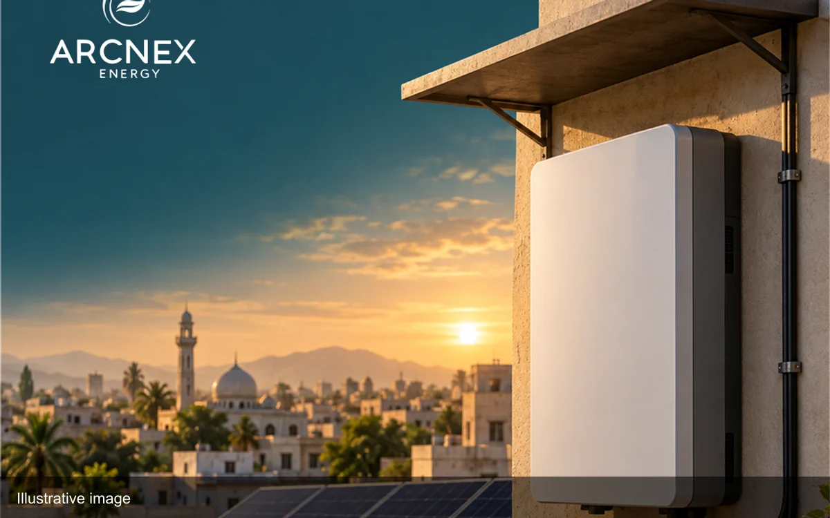 Illustrative Pakistani rooftop solar and a generic shaded battery cabinet; not a documented installation